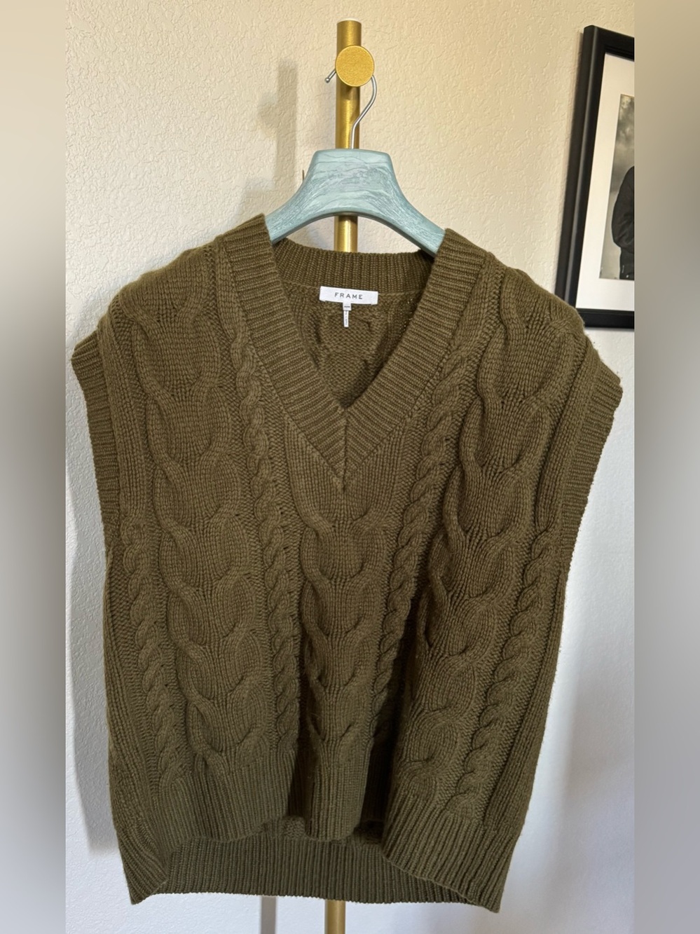 Frame Denim Olive Cable-Knit V-Neck Sweater Vest